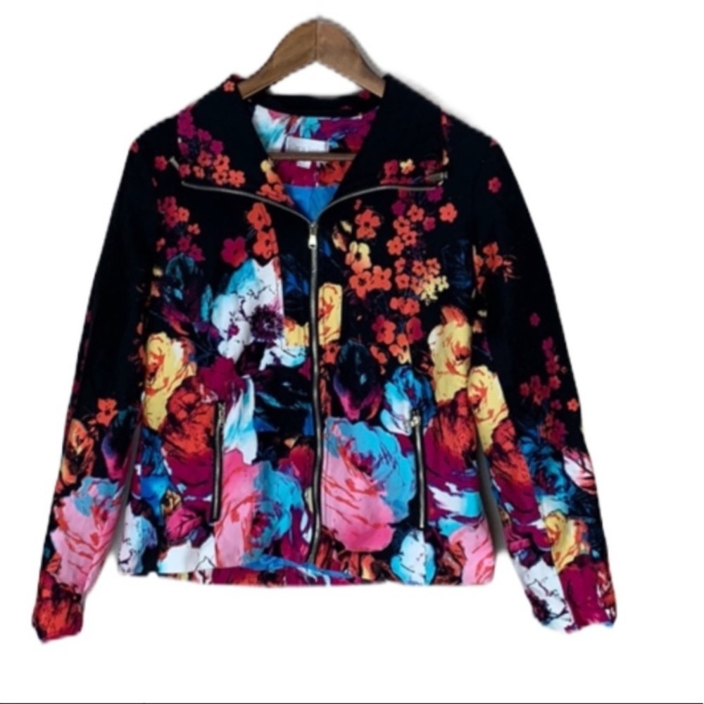 Erin London Bomber Jacket Coat Pink Rainbow Floral Print Colorful Size Small